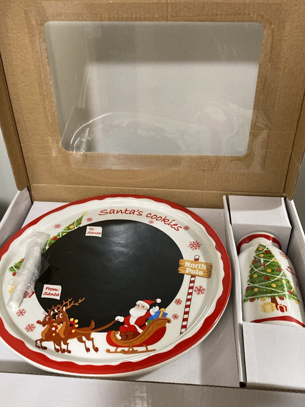 Santa's Cookies Plate and Milk Bottle Set - Red & White Holiday Collection